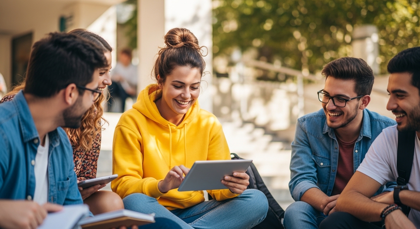 A group of engaged students in a modern classroom.